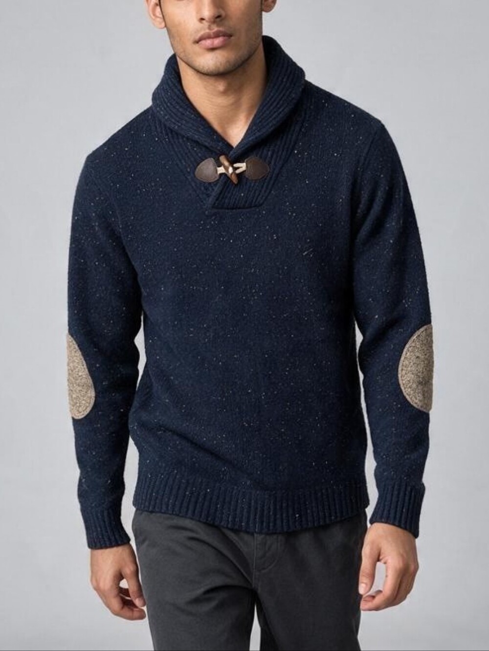Simons Le 31 - Navy Lambswool Shawl Collar Toggle Sweater Elbow Patches - L